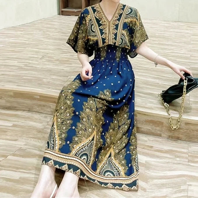 Colorful Flower V-neck Elastic Youthful Bohemian Sweet Midi Dress Woman Clothes Chic Fashion Summer Dresses 2025 Large Swing Ski