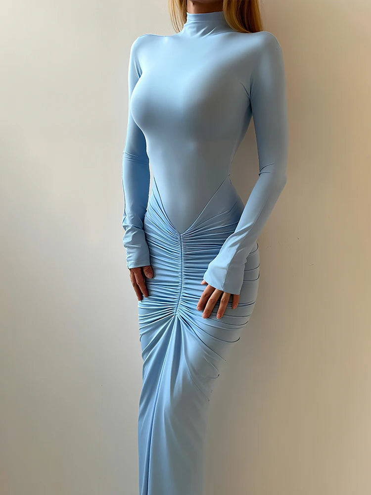 Sisterlinda Autumn New Style Long Dress Woman Turtleneck Full Sleeve Skinny High Stretch Daily Casual Fashion Elegant Vestidos