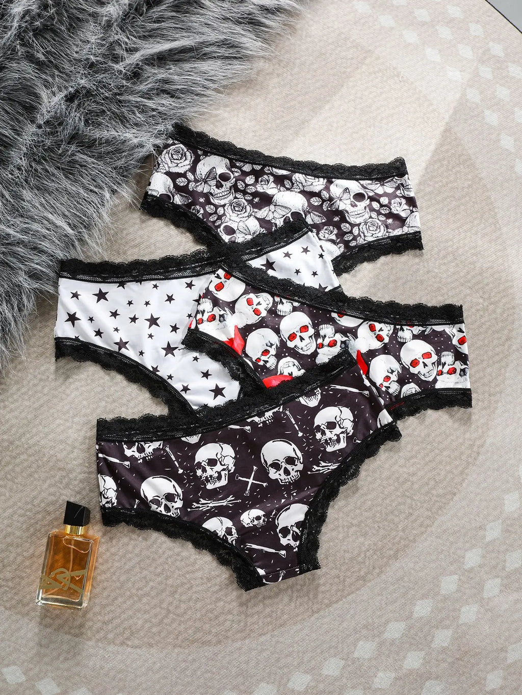 Halloween Skull star printed women's panties, lace patchwork mid-waist, ice silk, seamless and breathable