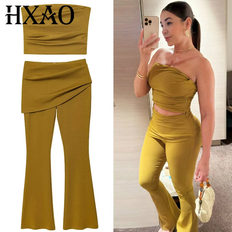 HXAO Olive Green Slim Pant Sets Women's Two Pieces Set Crop Off Shoulder Ruffled Tube Top Outfits Mid Waist Flares Trousers Sets