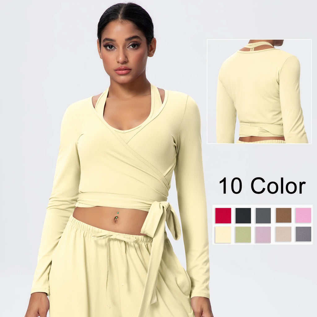 Women Slim Breathable Sports Top Women Active Wear Sports Yoga Long Sleeved Solid Color Running Shirts Straps Design Yoga Top