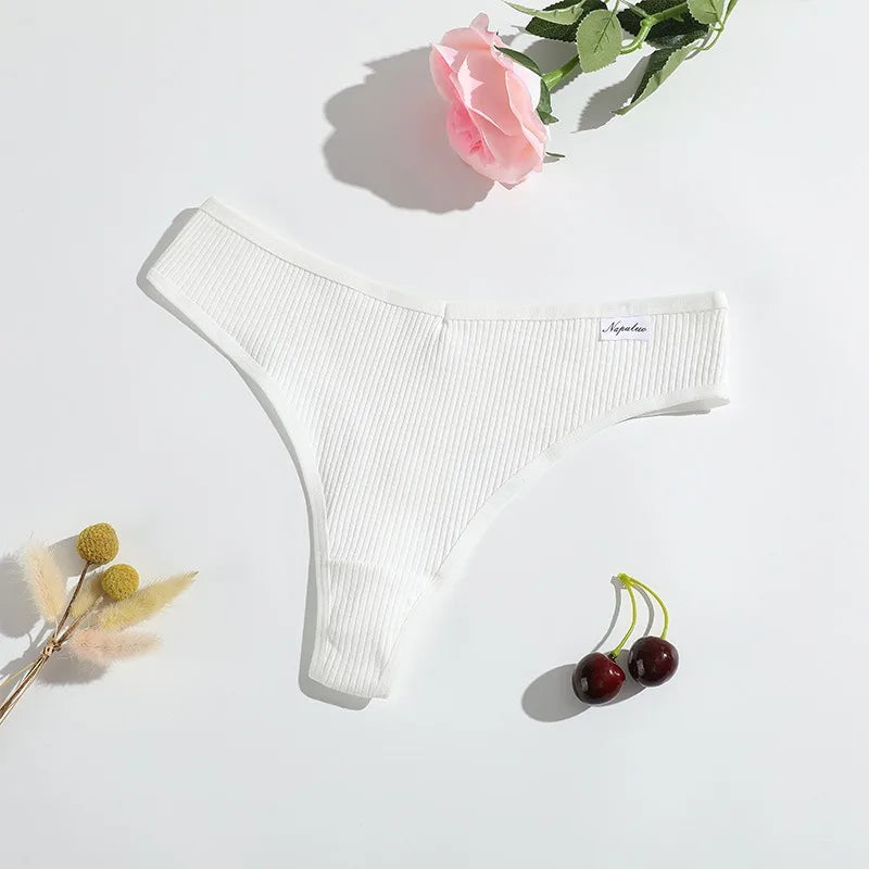 6Pcs/Set Women Cotton Thongs Female Ribbed Panties Low Rise G-String Sexy Underwear Solid Color Bikini Soft S-XL Intimates