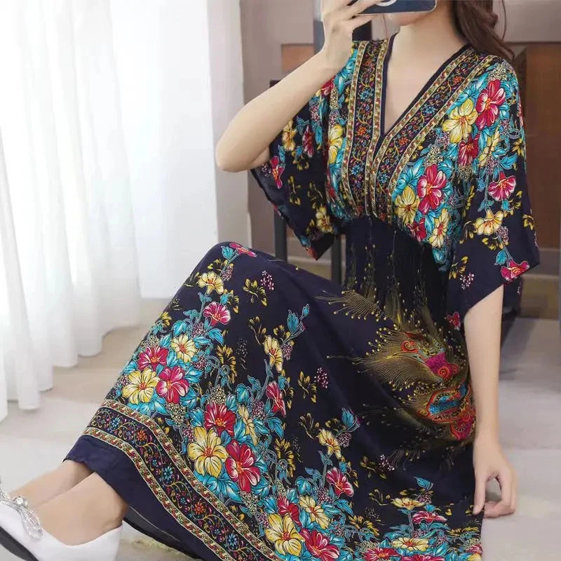Colorful Flower V-neck Elastic Youthful Bohemian Sweet Midi Dress Woman Clothes Chic Fashion Summer Dresses 2025 Large Swing Ski