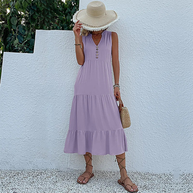 Casual Summer Midi Dress Women Sleeveless Tank V Neck Buttons Ruffle Loose Dresses Beach Soild Sundress Fashion
