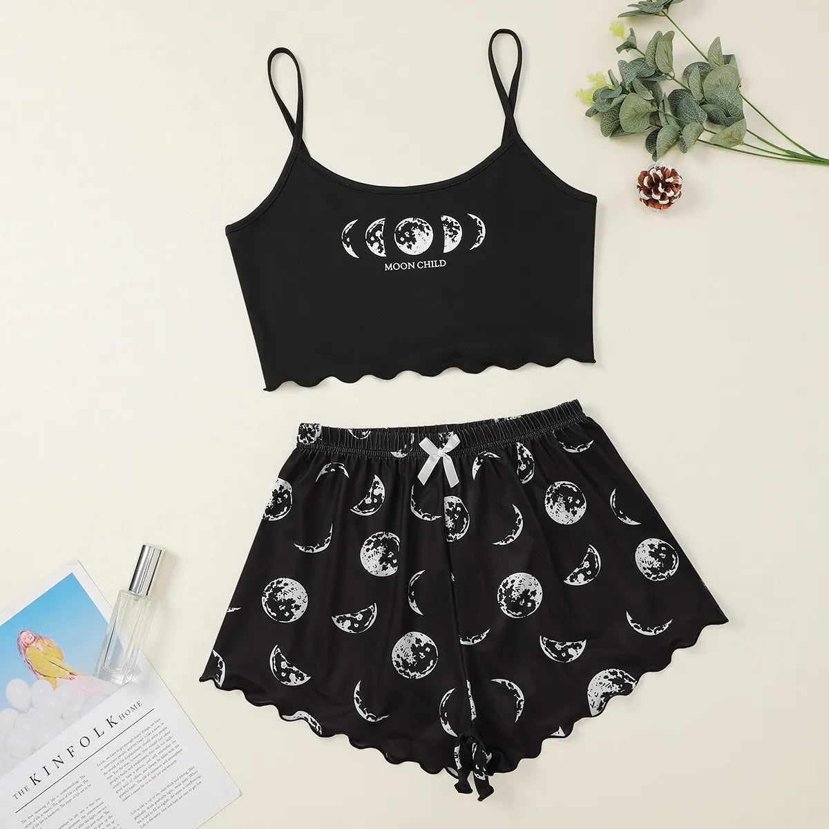 Women Pajamas Sleepwear Pajama Set Sports Camisole and Shorts Pink Black Moon and Planet Print Summer Comfortable Casual Suit