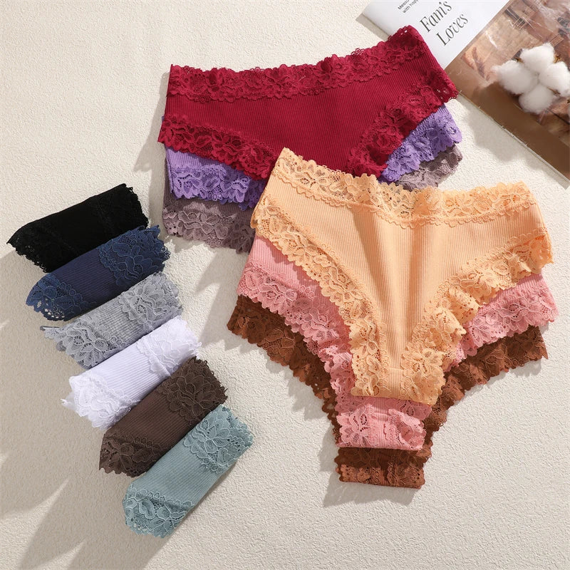 4PCS/Set Cotton Floral Lace Underpants for Women Sexy Striped Low-Waist Panties Girls Comfortable Briefs Trendy T-back Lingerie