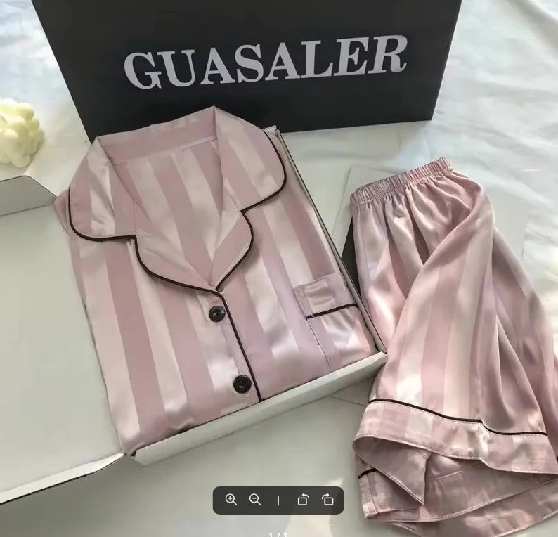 1 Set Women's Elegant Lounge Set Plus Size Satin Striped Button Up Short  Sleeve Shirt & Pants Pajamas