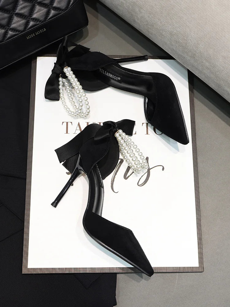 2026 Black Women's Pumps Summer New Brand Design String Bead Pearls Wedding Bridal High Heels Sexy Pointed Toe Party Dance Shoes