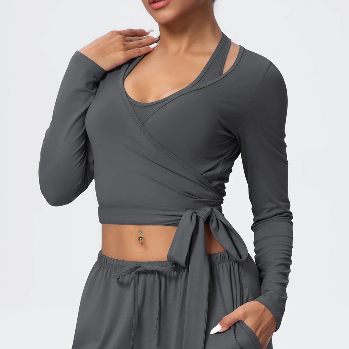 Women Slim Breathable Sports Top Women Active Wear Sports Yoga Long Sleeved Solid Color Running Shirts Straps Design Yoga Top