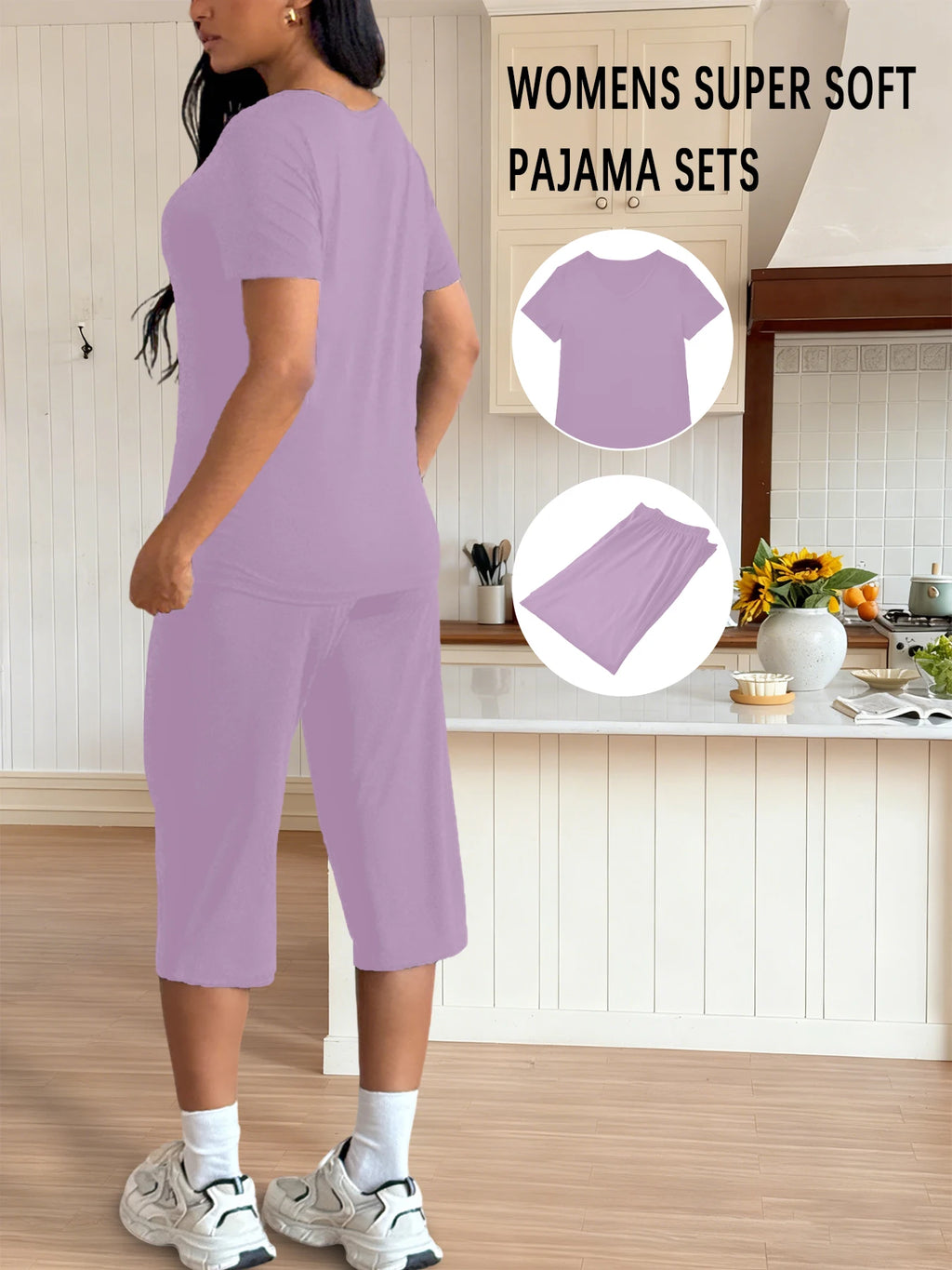סט פיג'מה לנשים רך במיוחד טופ עם שרוולים קצרים עם מכנסי קפרי בגדי שינה 2 חלקים