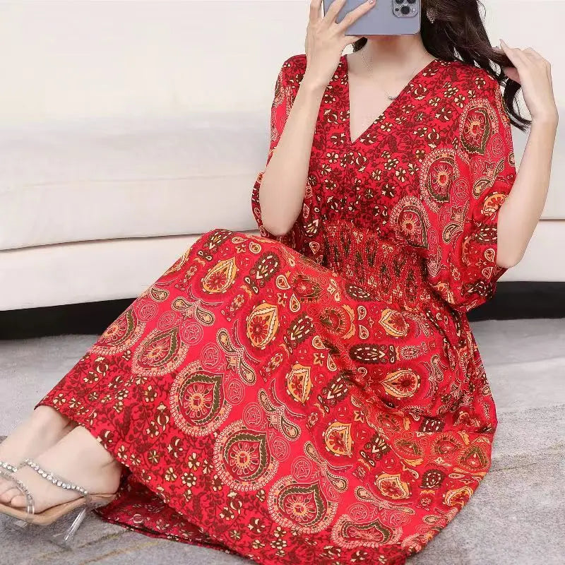 Colorful Flower V-neck Elastic Youthful Bohemian Sweet Midi Dress Woman Clothes Chic Fashion Summer Dresses 2025 Large Swing Ski