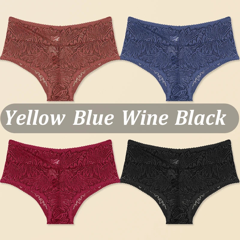 FINETOO 4PCS Floral Lace Thongs Sexy Perspective G-String Mid Waist T-back Female Breathable Intimates Brazilian Underwears