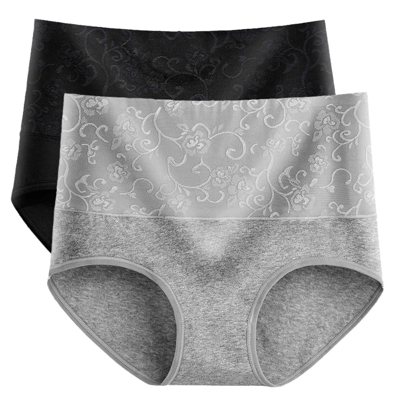 2PCS Plus Size Women's Cotton Underwear High Waisted Tummy Control Panties Full Coverage Briefs Jacquard Ladies Panty