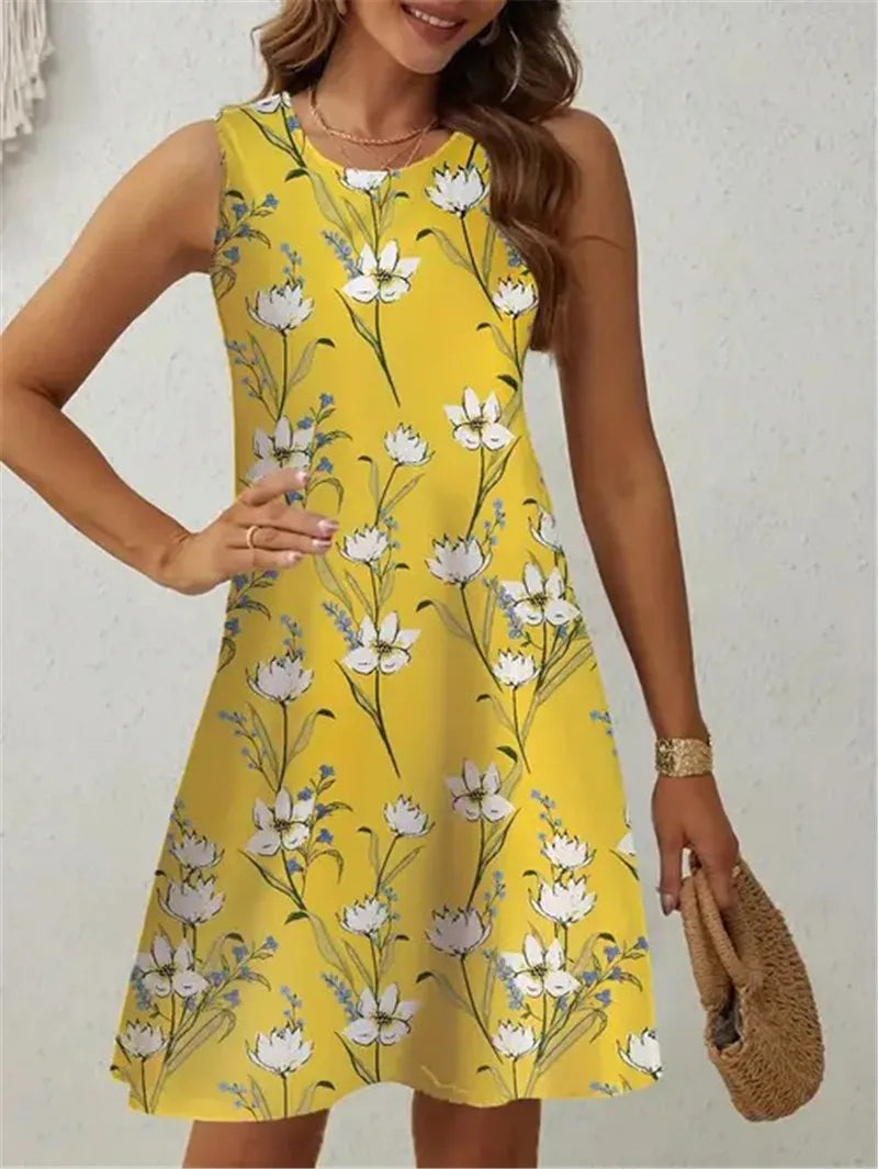 Yellow Floral Dress Women Sleeveless Soft Sundress Casual Fresh Flower Graphic Summer New Daily Wear Clothing Female Trendy