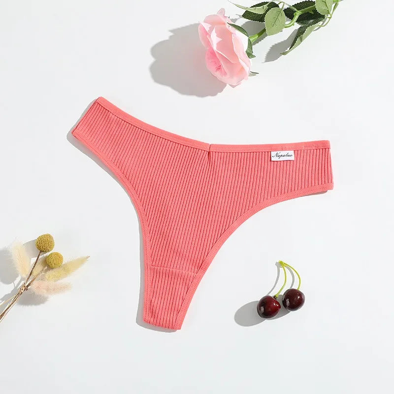 6Pcs/Set Women Cotton Thongs Female Ribbed Panties Low Rise G-String Sexy Underwear Solid Color Bikini Soft S-XL Intimates