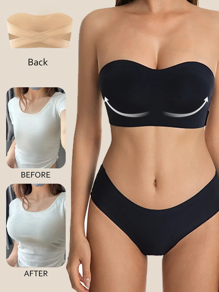 Female Removable Padded Soft Ice Silk Traceless Brasseries Wire Free Side Buckle Bra For Women Invisible Strapless Push Up Bras