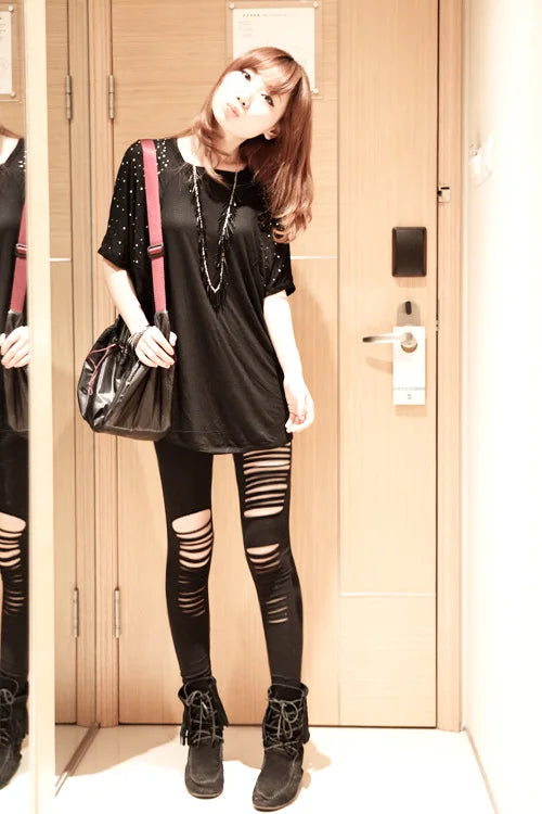 Sexy Leggings Ripped Leggins Women Low Waist Pants Hollow Out Leggings Stretch Dancing Club Street Pants