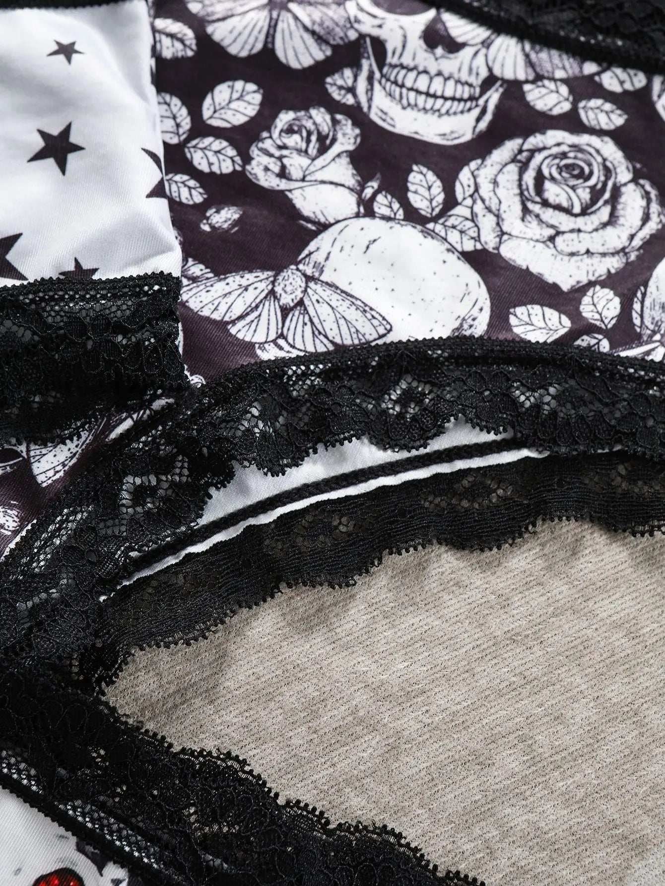Halloween Skull star printed women's panties, lace patchwork mid-waist, ice silk, seamless and breathable