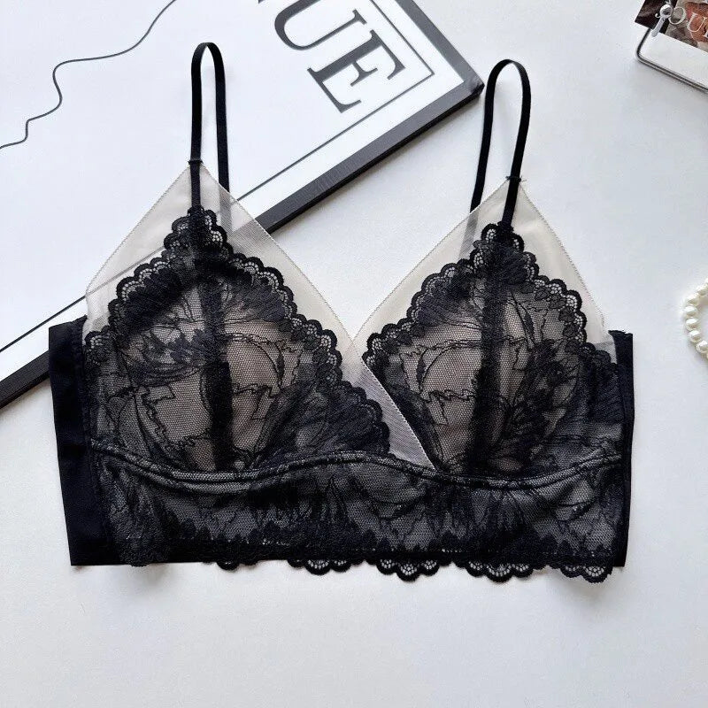 Sexy Lace Shell Cup Bra Deep V Backless Halter Side Buckle Soft Support Seamless Beauty Back Thin Women Underwear 32-38 S-XL