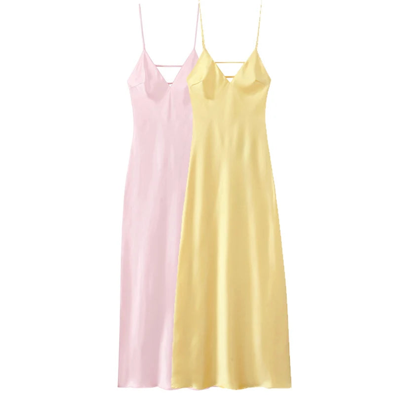 HXAO Womens Yellow Slip Dress Summer 2025 Woman Satin V-Neck Party Dresses Elegant Evening Sleeveless Backless Long Vestidos 066