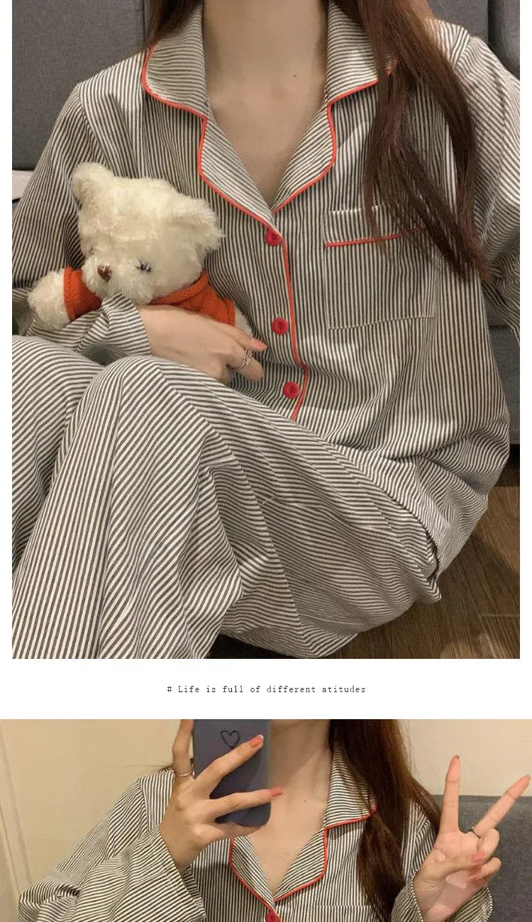 2PCS/Set Women's Long Sleeve Loose Breathable Student Sleepwear Loungewear Cardigan Gray Striped Girl Fashion Pajamas Homewear