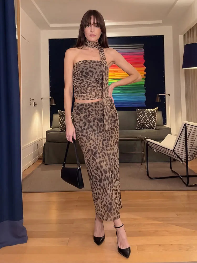 Women Leopard Print 2 Piece Outfit Strapless Ruched Crop Top Maxi Skirt Set With Choker Scarf Party Clubwear For Summer