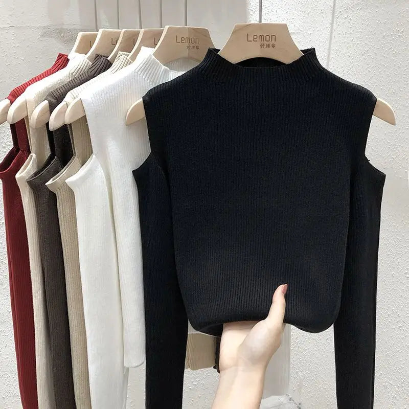 Knitted Sweater Women Pullovers New Long Sleeve Stand Collar Off-shoulder Knit Sweater Pullover Women Tops Sueters De Mujer Q781