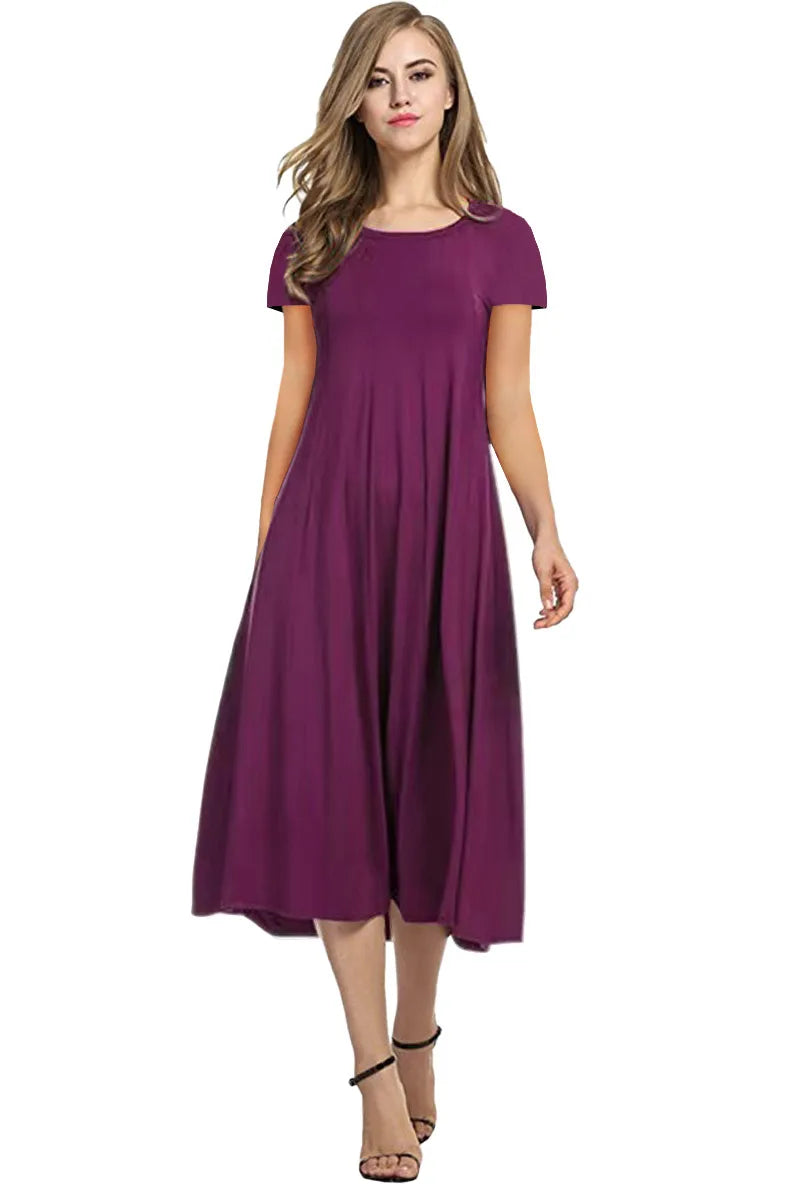 2024 Summer Women's Top Selling Round Neck Short Sleeve Solid Color Flare Dress