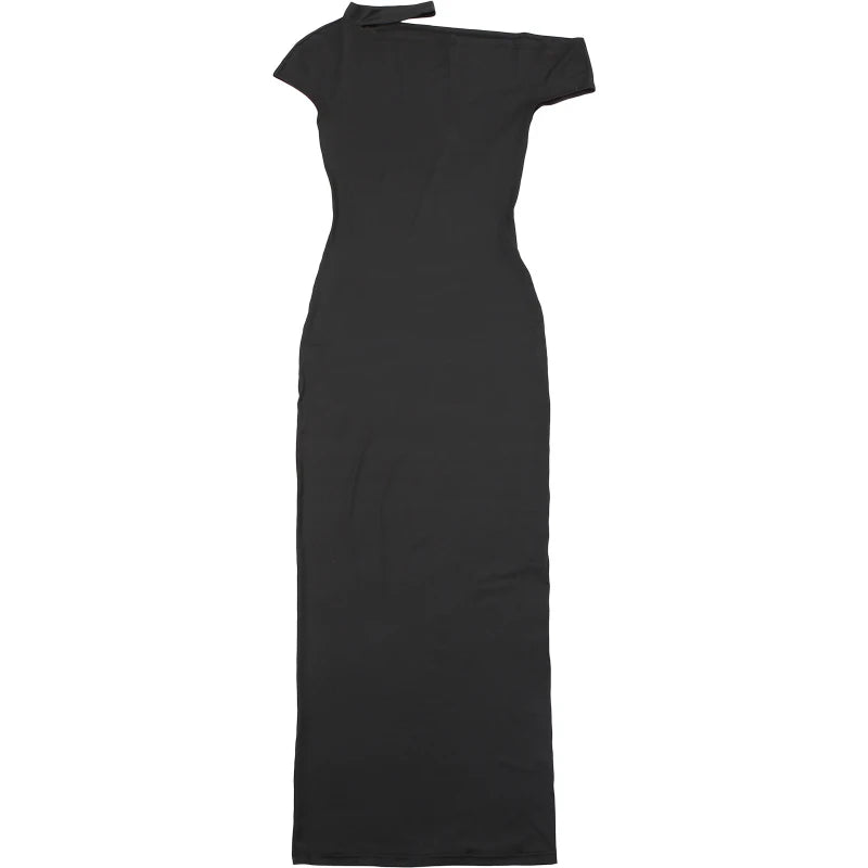 Weird Puss Incline Shoulder Dress Woman Summer Sexy Solid Irregular Collar Elegant Sleeveless Chic Party Skinny Evening Vestidos