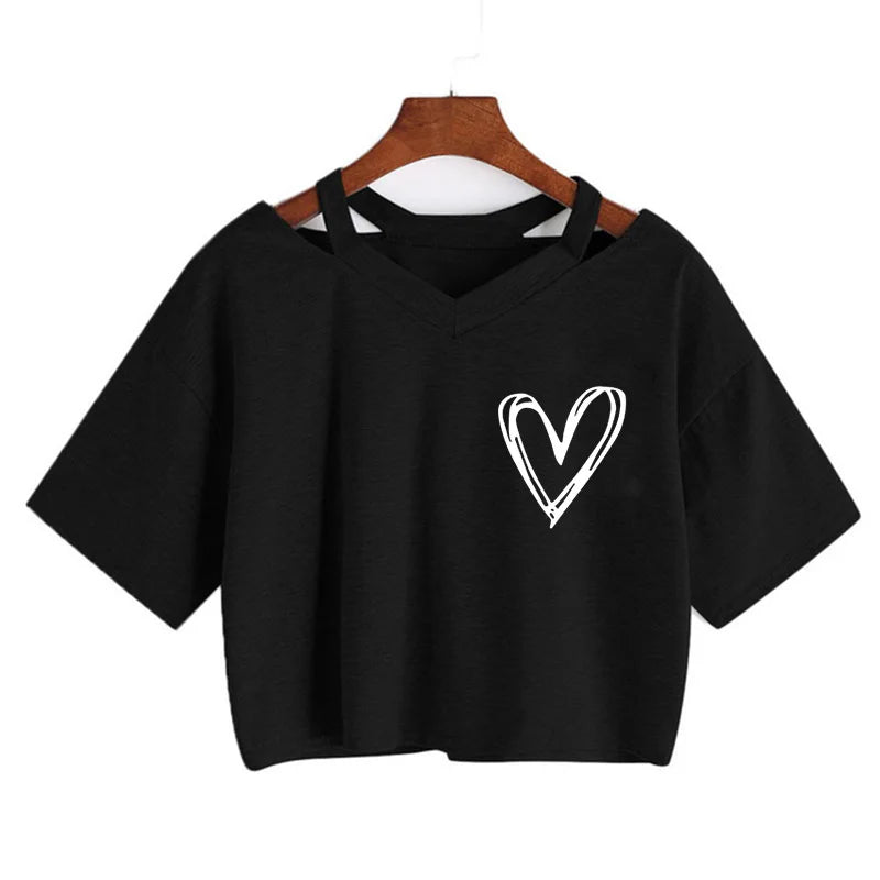 Women's Sexy Crop Tops with Heart Print Short Sleeve Cropped T Shirt Drawstring Graphic Tshirt Fashion T-shirt Clothes
