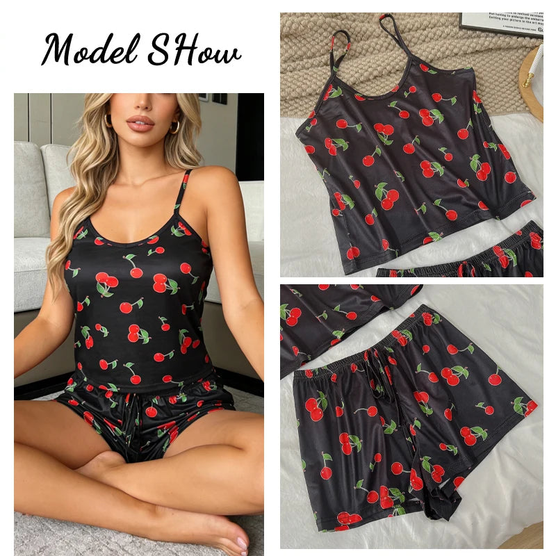 Summer Printed Cami Sleeveless Top and Shorts Pajama Sets For Women Sexy Leisure Adjustable Belt Loungewear Female Soft Pajama