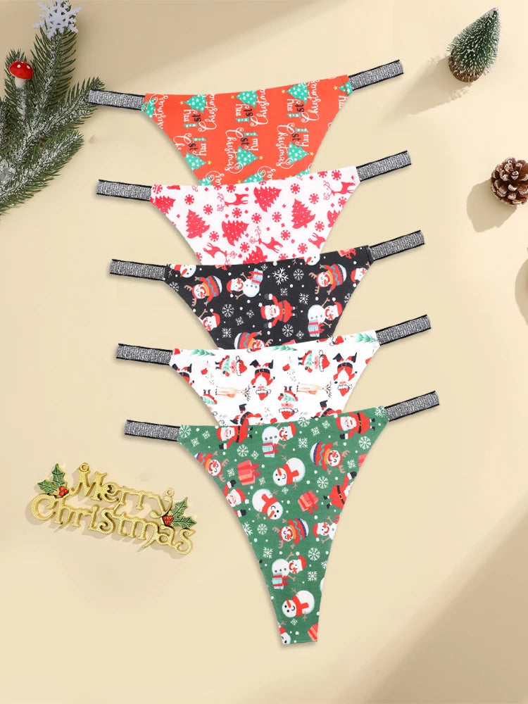 5PCS/Lot Seamless Ice Silk Thongs Women's Christmas Theme Underwear Sexy Rhinestone Waist Panties Santa Claus Printed Lingerie