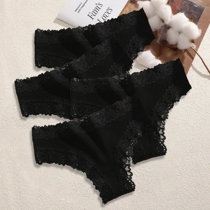 4PCS/Set Cotton Floral Lace Underpants for Women Sexy Striped Low-Waist Panties Girls Comfortable Briefs Trendy T-back Lingerie