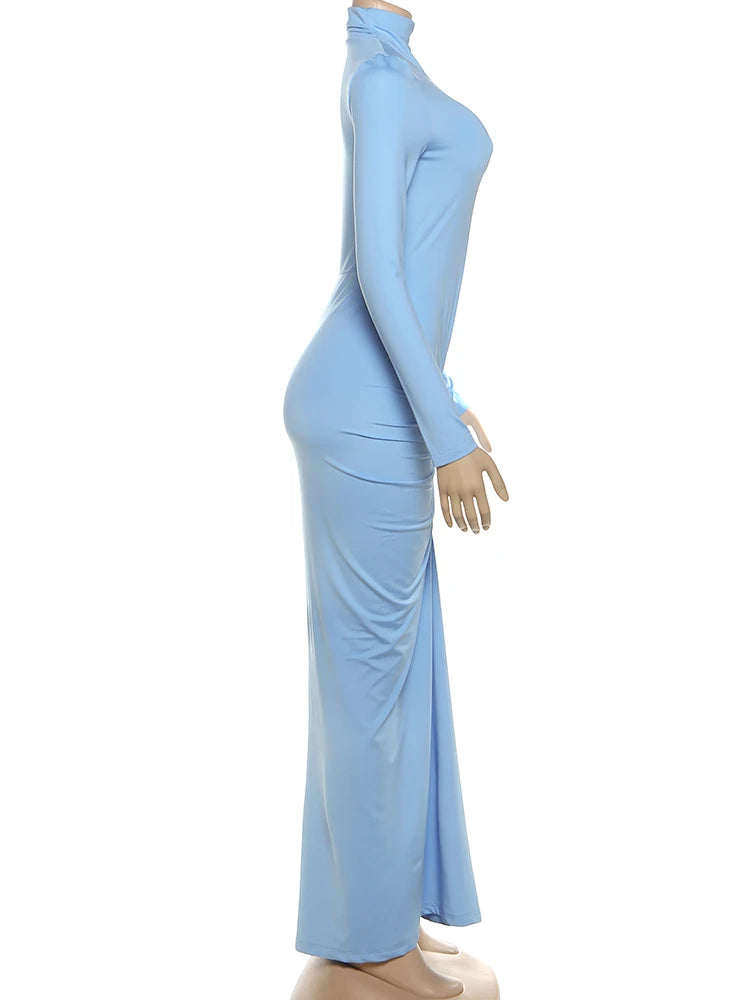 Sisterlinda Autumn New Style Long Dress Woman Turtleneck Full Sleeve Skinny High Stretch Daily Casual Fashion Elegant Vestidos
