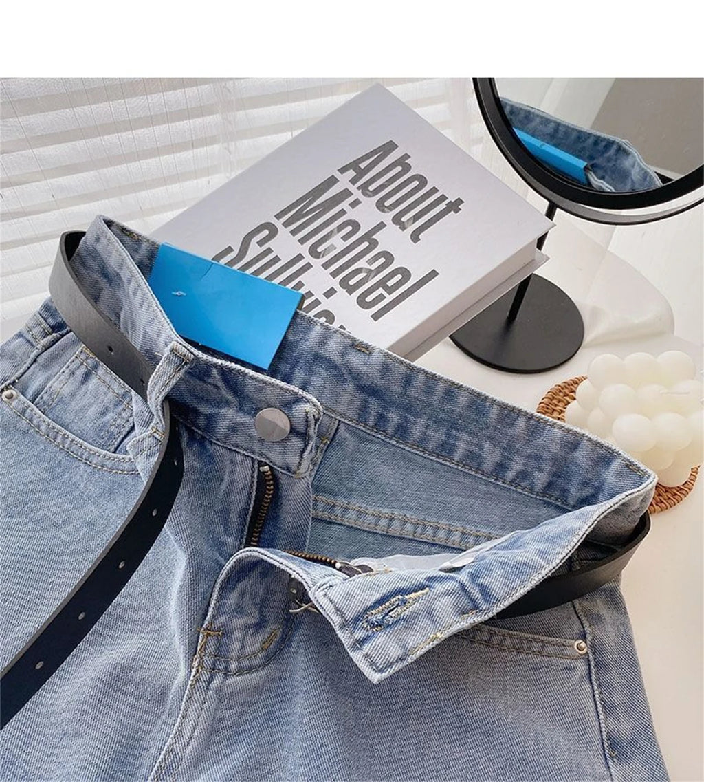 High Waist Wide Leg Short Jeans Women's Summer Loose Pocket Korean Style A-Line Casual Hot Pants Blue Denim Shorts Streetwear