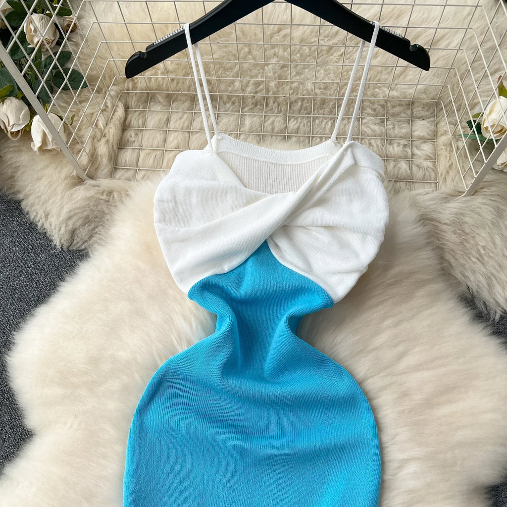 Patchwork Chic Sexy Wrap Hips Mini Dress Women Y2K Elastic Knitted Bodycon Summer Dress Streetwear Ladies Outfits Sundress