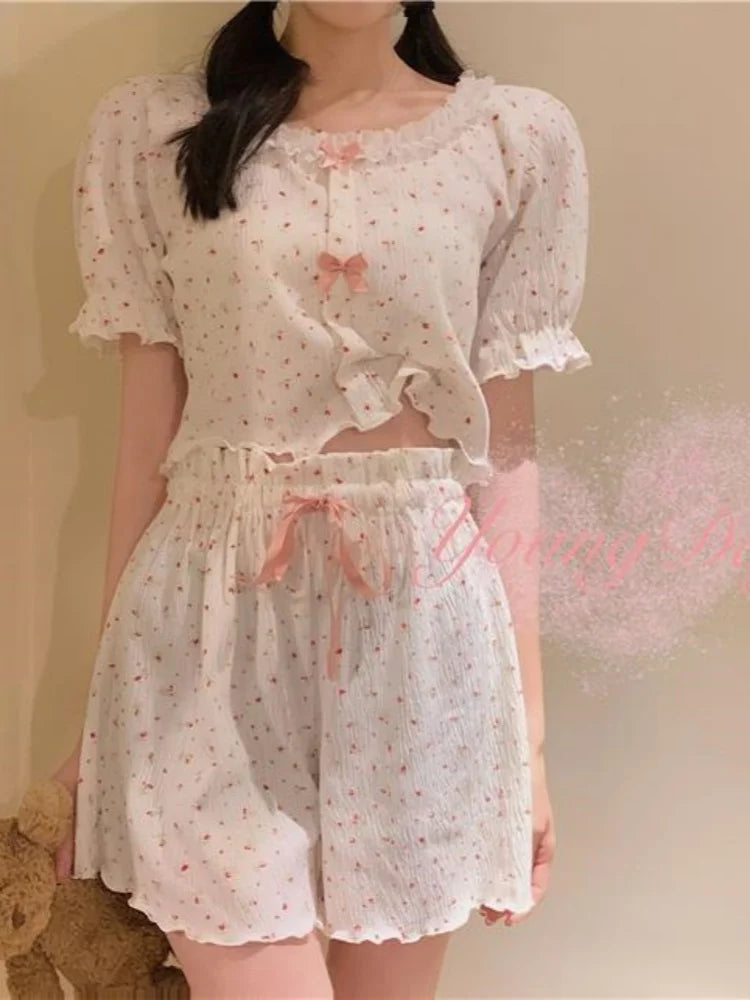Summer Gilrs Two Pieces Short Sleeve Pajamas Thin Sweet Flower Elastic Waist Homewear Set Loose Soft Adjustable O-Neck With Bow