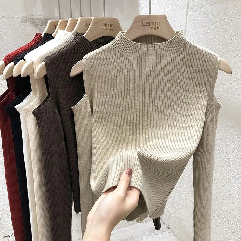 Knitted Sweater Women Pullovers New Long Sleeve Stand Collar Off-shoulder Knit Sweater Pullover Women Tops Sueters De Mujer Q781