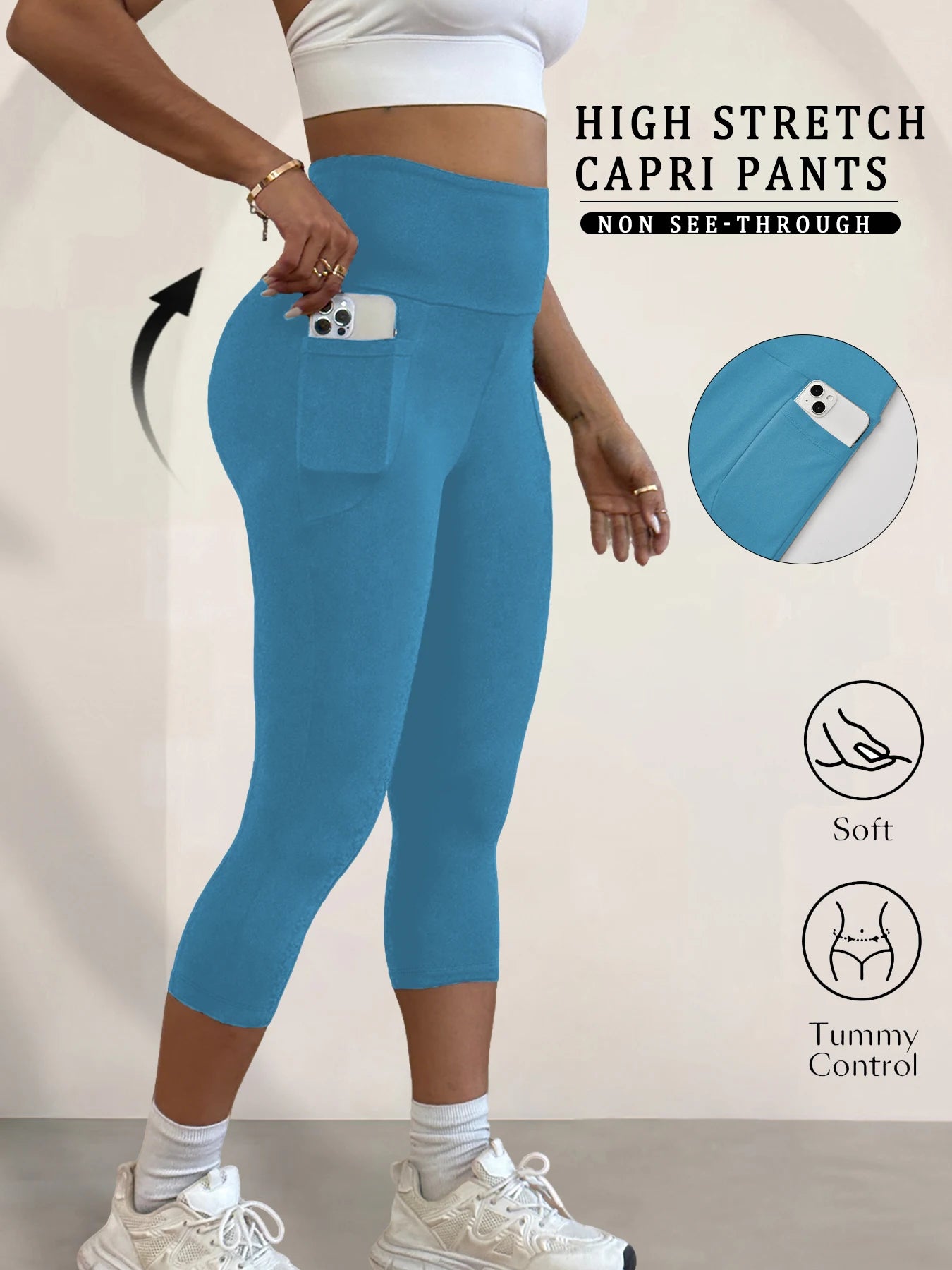Super Soft Pants for Women High Waisted Capri with Pockets Tummy Control No See Through Running