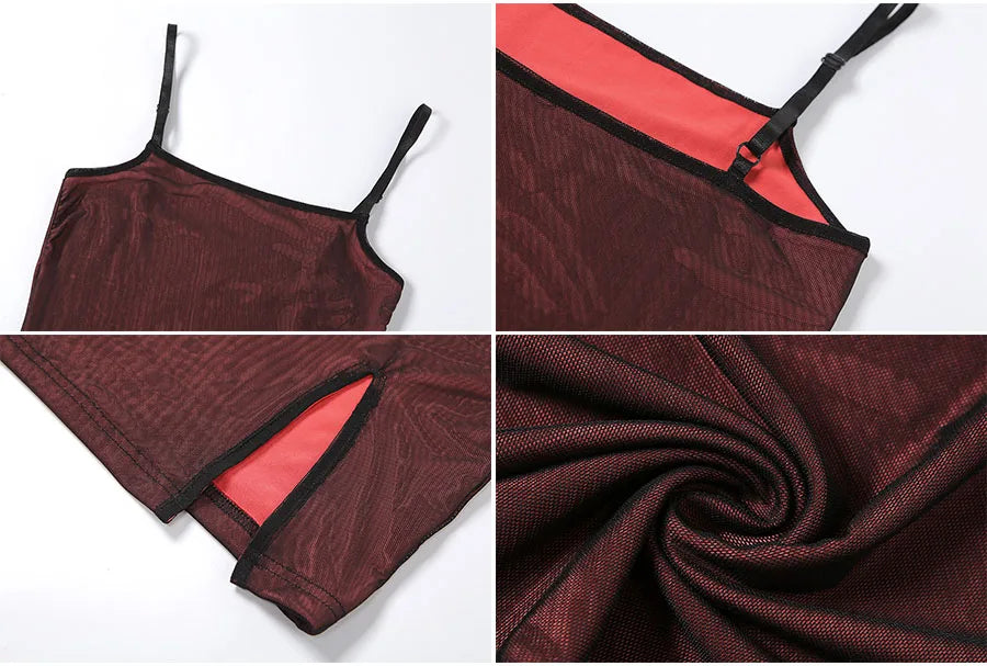 Mesh Double Layer Sexy Skinny Dress Women Sleeveless Party Bodycon 2025 Bandage Elastic Split Trend Clubwear Slim Outfit