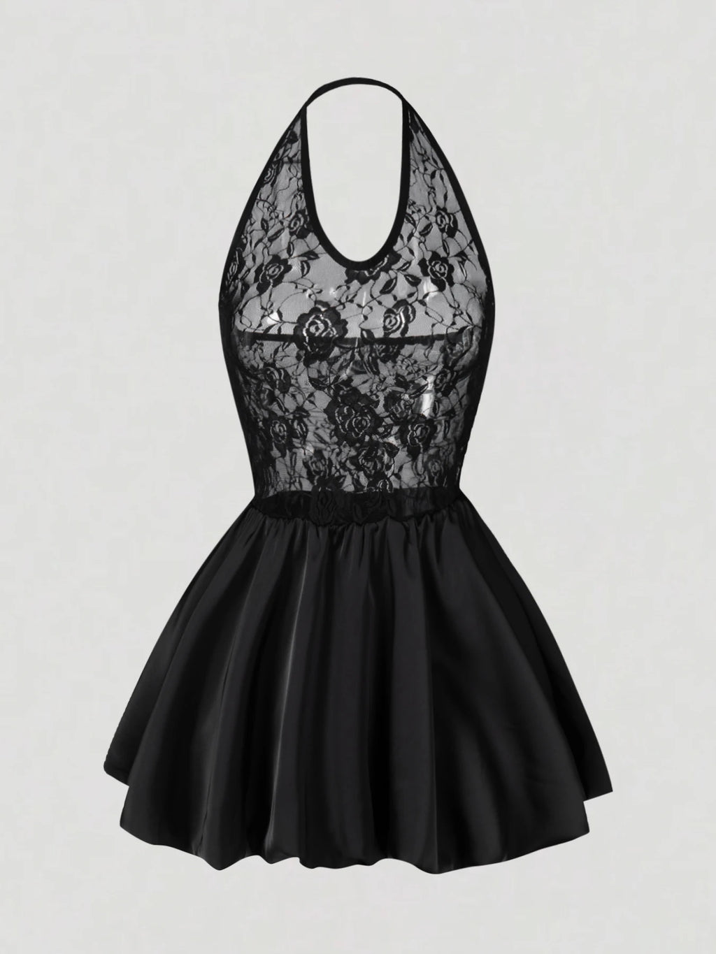 Women Halter VNeck Black SheerFloralLace Flared Mini Dress Elegant Sexy Party Spring Summer Chic Club DateNight Breathable Dress