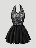 Women Halter VNeck Black SheerFloralLace Flared Mini Dress Elegant Sexy Party Spring Summer Chic Club DateNight Breathable Dress