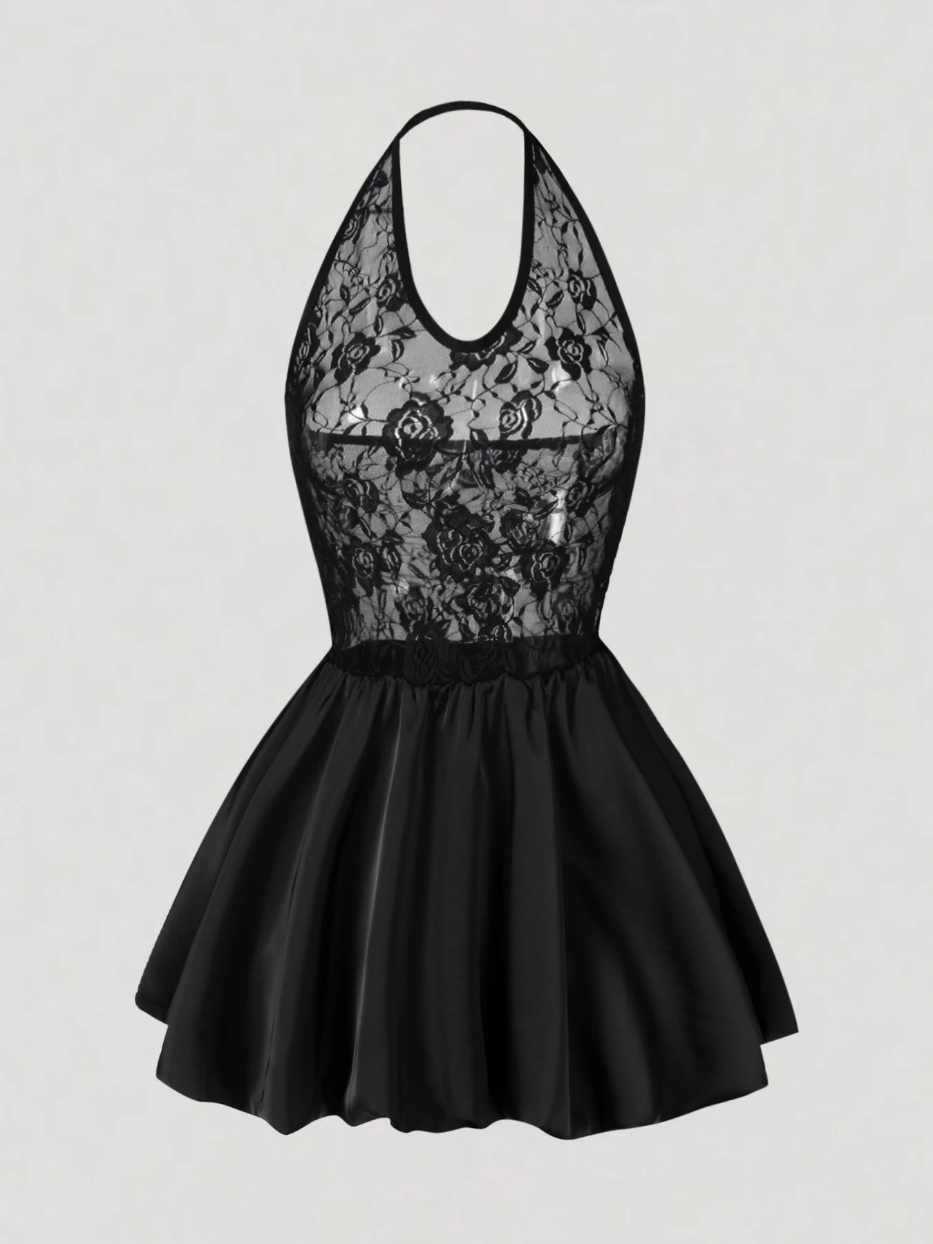 Women Halter VNeck Black SheerFloralLace Flared Mini Dress Elegant Sexy Party Spring Summer Chic Club DateNight Breathable Dress