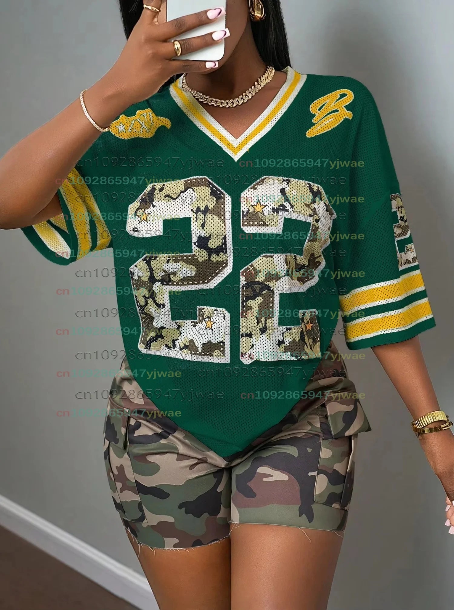 2026 Summer Women NO.22 Fashion Y2K Breathable Quick Drying T-shirt Camo Printed Loose Music Festival Party Comfortable t-Shirt