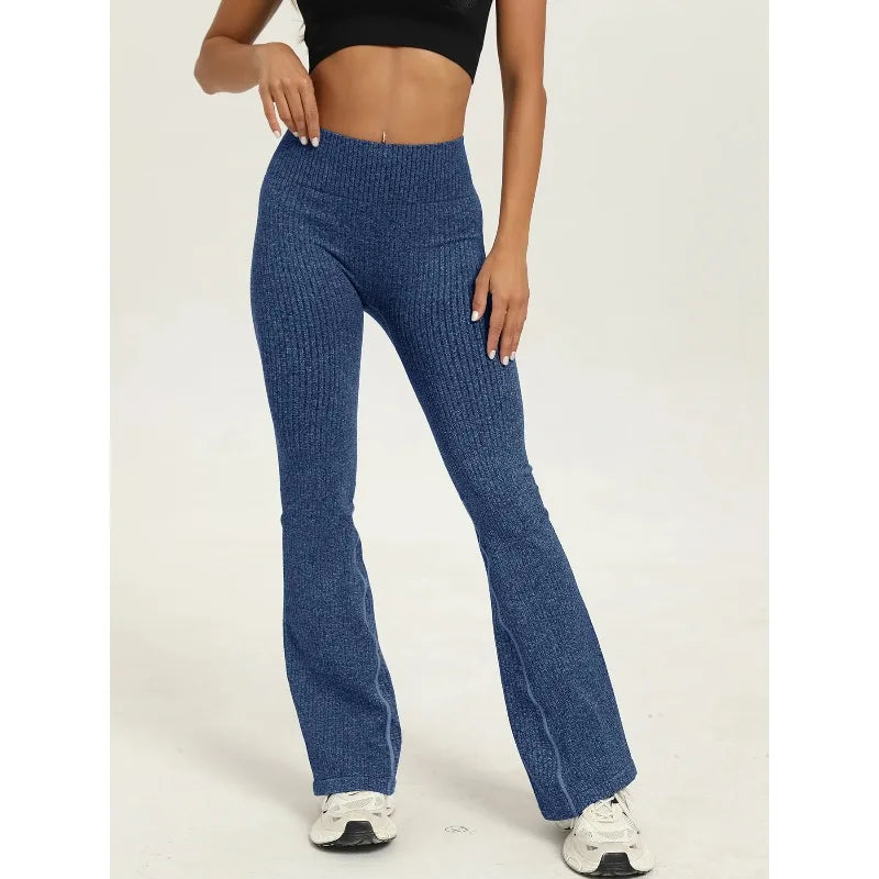 New Micro Bell-bottoms Women Seamless Slim Leggings Solid Ribbed Knited Leggings High Waist High Elastic Yoga Fitness Pants