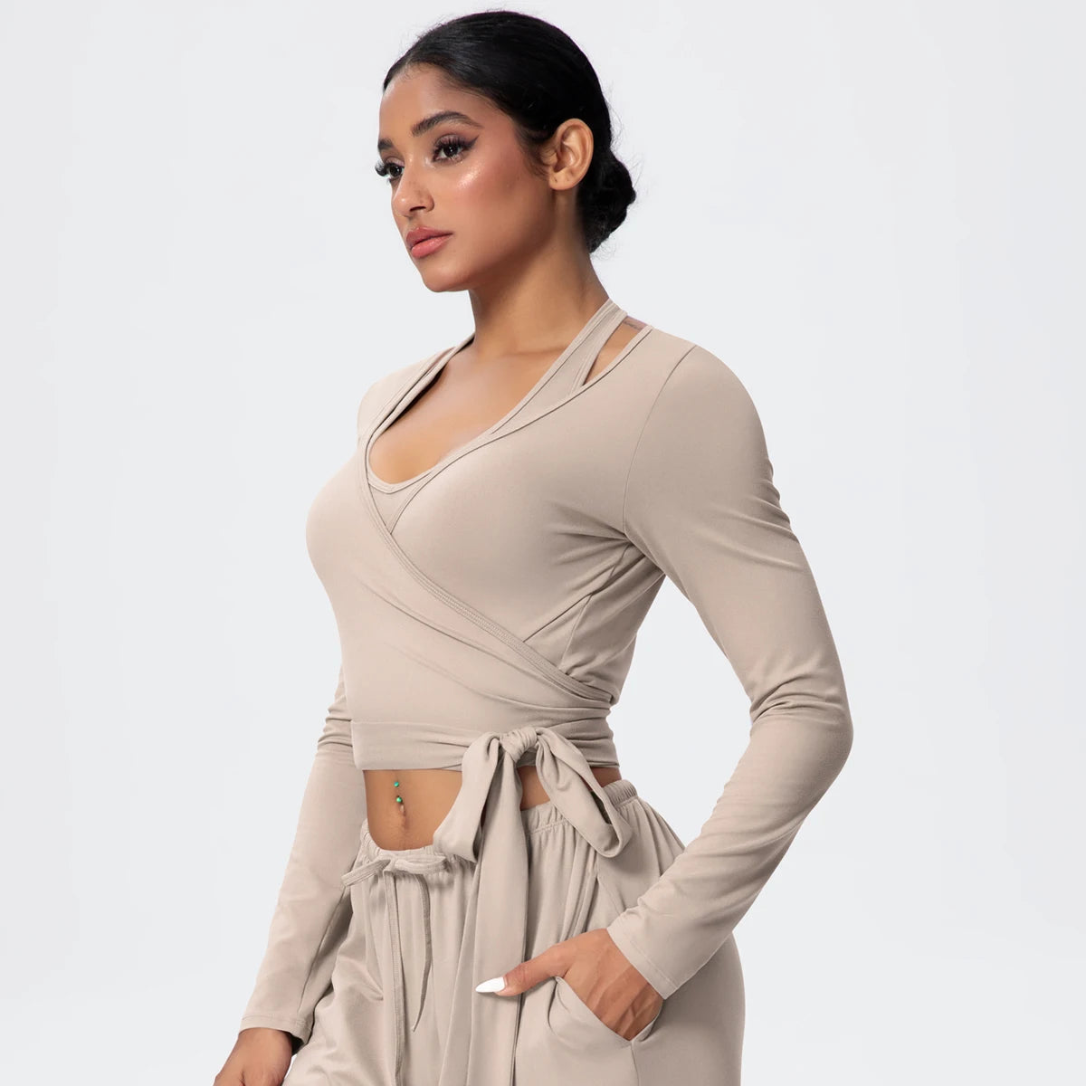 Women Slim Breathable Sports Top Women Active Wear Sports Yoga Long Sleeved Solid Color Running Shirts Straps Design Yoga Top