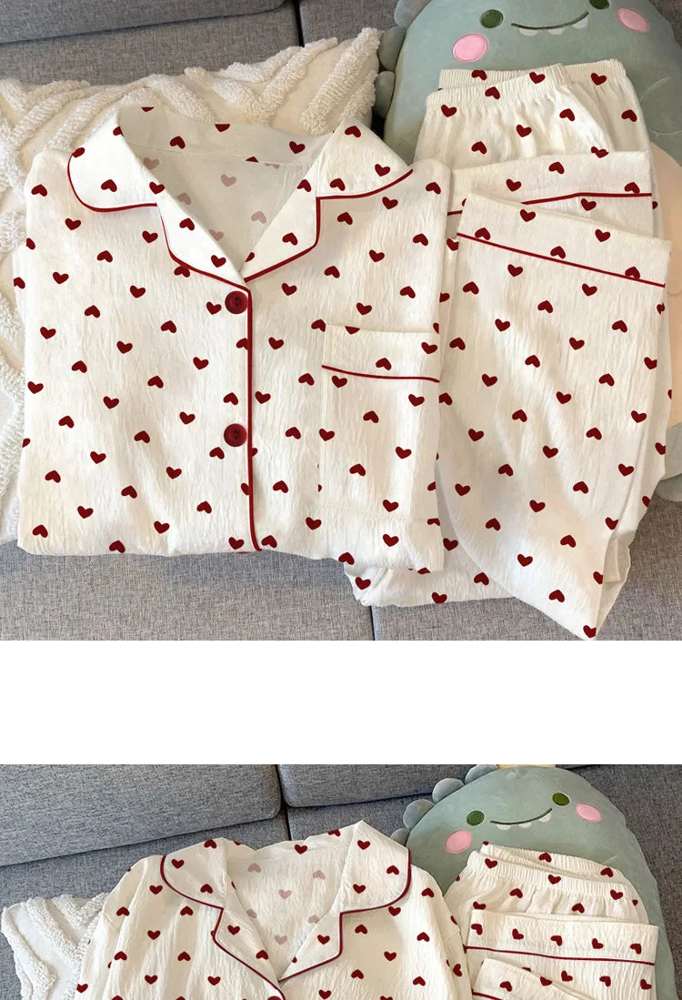 Spring and Autumn New Women's Pajamas Loungewear Set Girl Love Cardigan Pajamas Crinkled Fabric Loungewear Long Sleeve Set