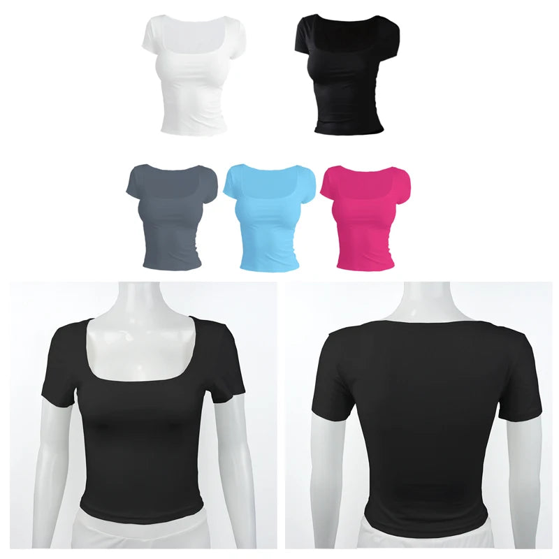 Short Sleeve T-shirt for Women Summer 2026 Solid Color Elastic Square-cut Collar slim fit Tops Sexy Y2k Street Wear Tee Fashion