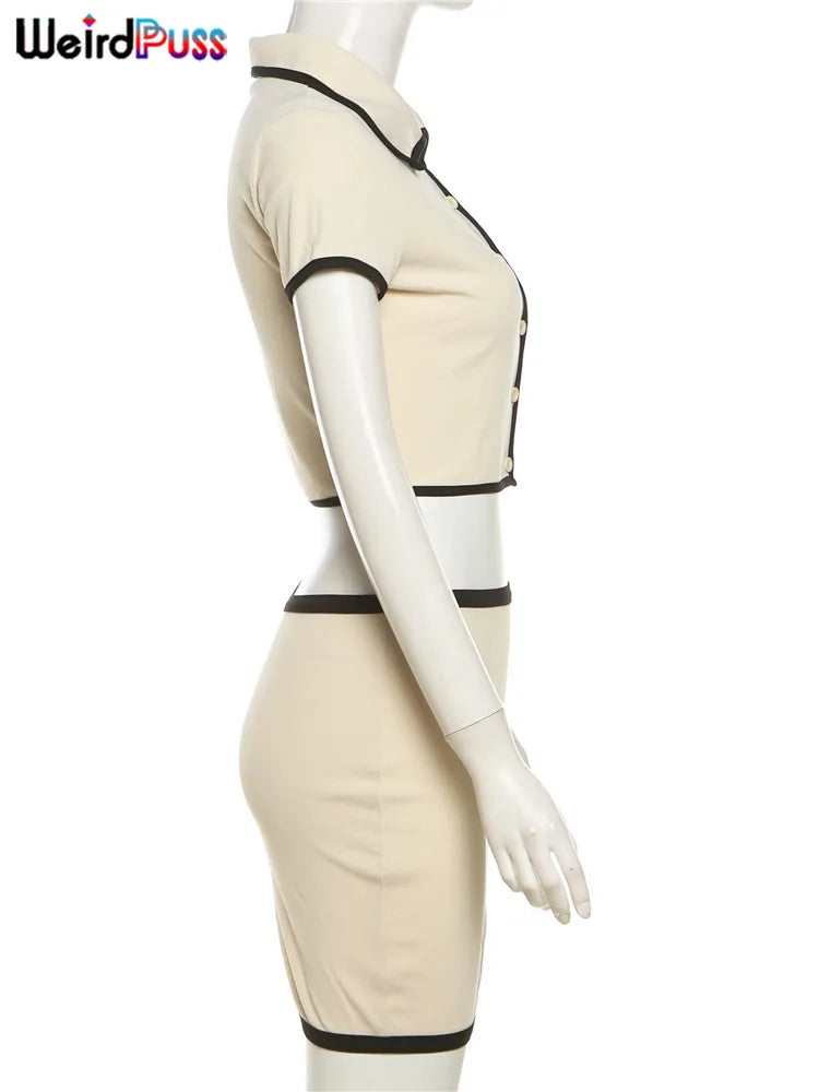 nibber Ribbed Women 2 Piece Set Elegan Polo Neck Button Shorts Crop Tops+Mini Skirts Matching Stretch Elegant Streetwear Outfits
