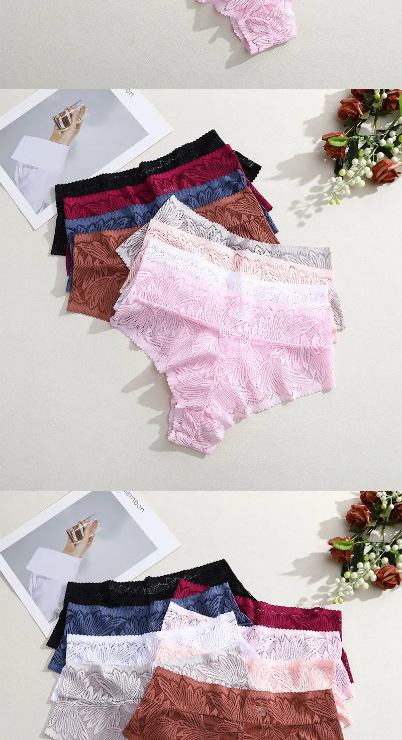 FINETOO 4PCS Floral Lace Thongs Sexy Perspective G-String Mid Waist T-back Female Breathable Intimates Brazilian Underwears